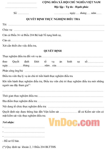 Mẫu quyết định về việc thực nghiệm điều tra