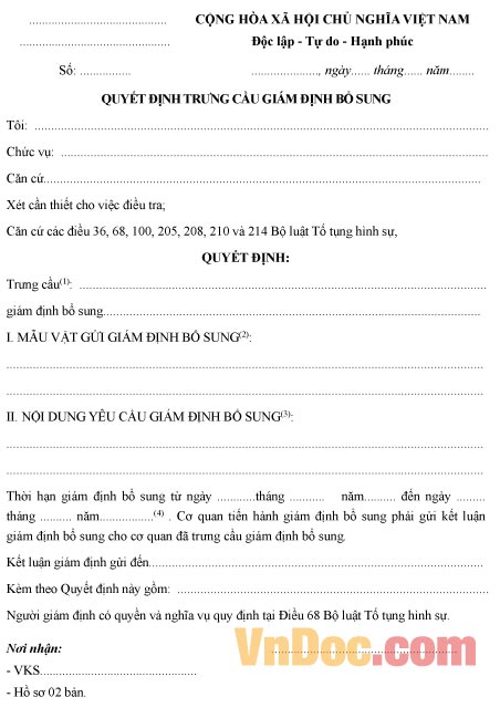 Mẫu quyết định về việc trưng cầu giám định bổ sung