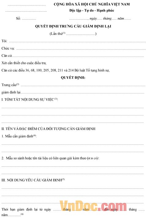 Mẫu quyết định về việc trưng cầu giám định lại