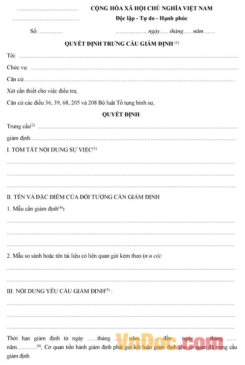 Mẫu quyết định về việc trưng cầu giám định