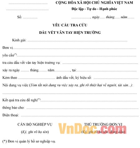 Mẫu yêu cầu tra cứu dấu vết vân tay tại hiện trường vụ án