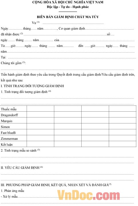 Mẫu biên bản ghi chép giám định chất ma túy