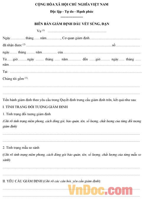 Mẫu biên bản ghi chép giám định dấu vết súng đạn