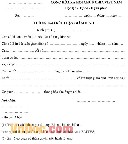 Mẫu thông báo về việc kết luận giám định