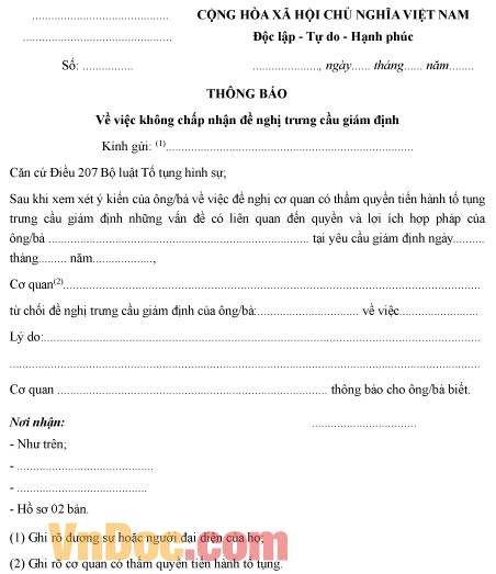 Mẫu thông báo không chấp nhận đề nghị trưng cầu giám định