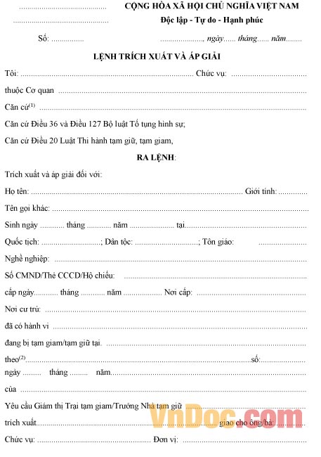 Mẫu lệnh trích xuất và áp giải