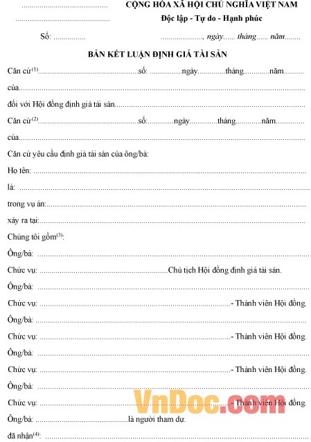 Mẫu bản kết luận về việc định giá tài sản