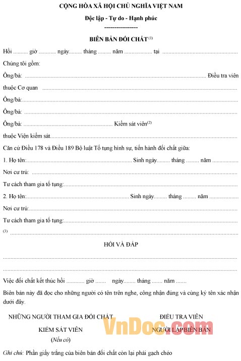 Mẫu biên bản ghi chép việc đối chất