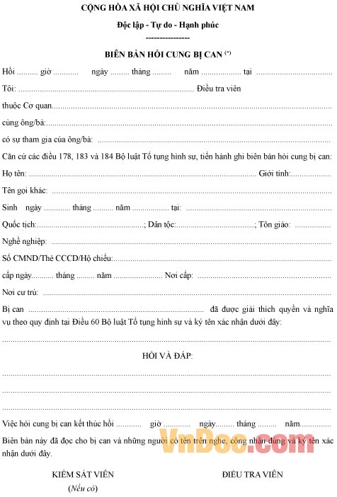 Mẫu biên bản ghi chép về việc hỏi cung bị can