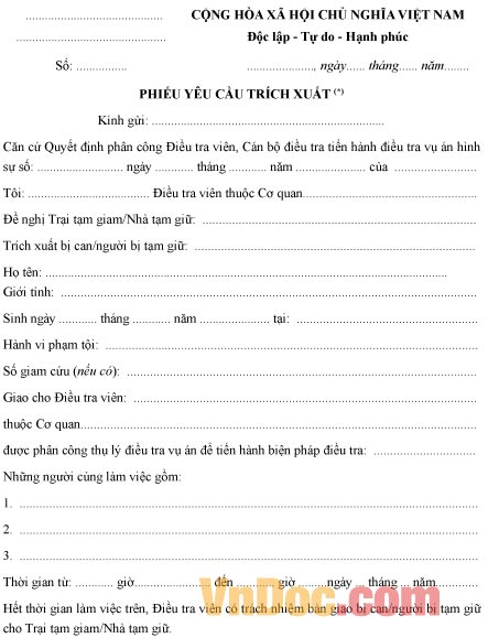 Mẫu phiếu yêu cầu về việc trích xuất
