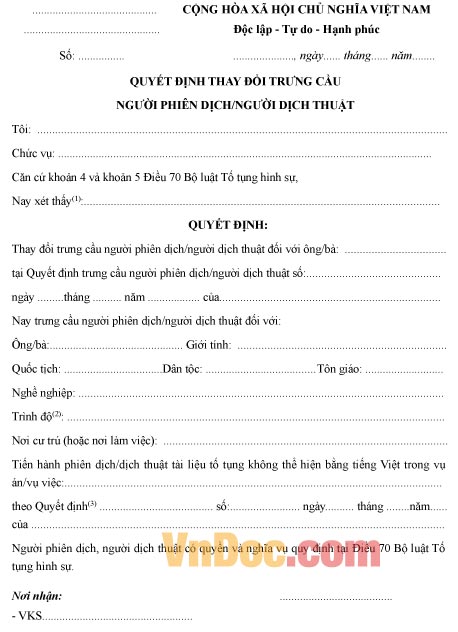 Mẫu quyết định về việc thay đổi trưng cầu người phiên dịch, dịch thuật