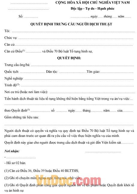 Mẫu quyết định về việc trưng cầu người dịch thuật