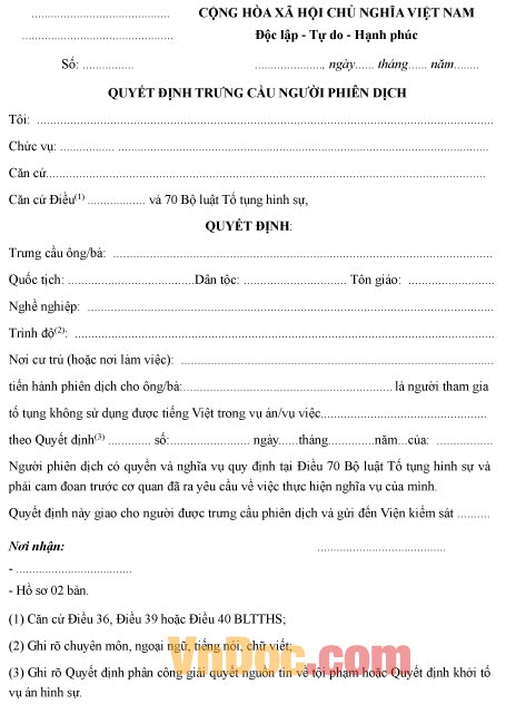 Mẫu quyết định về việc trưng cầu người phiên dịch