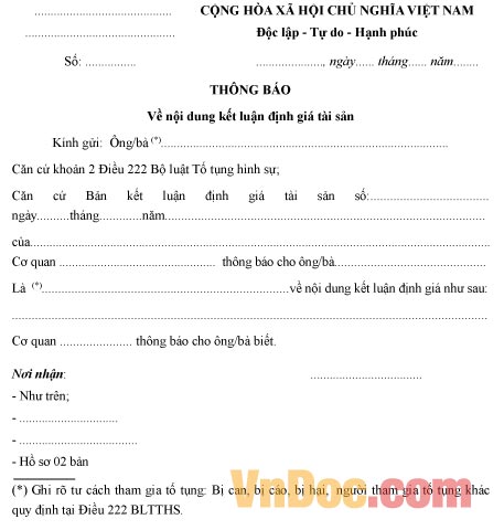 Mẫu thông báo về nội dung kết luận định giá tài sản