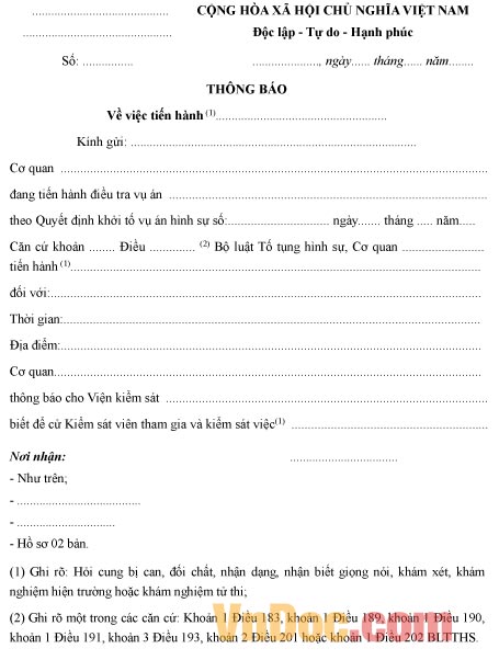 Mẫu thông báo tiến hành các biện pháp điều tra