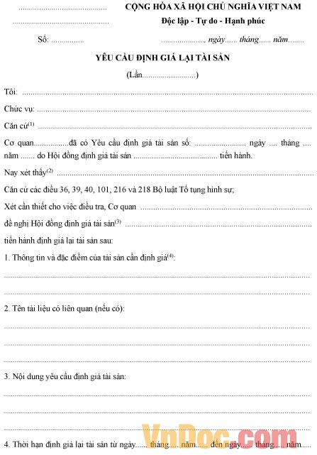 Mẫu yêu cầu về việc định giá lại tài sản