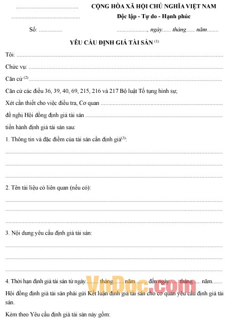 Mẫu yêu cầu về việc định giá tài sản