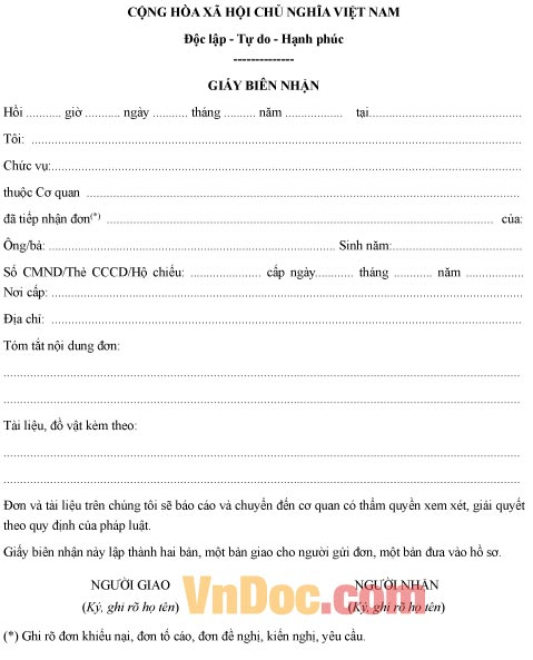 Mẫu giấy biên nhận