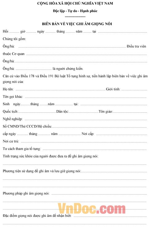 Mẫu biên bản về việc ghi âm giọng nói