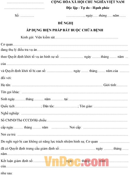 Mẫu đề nghị về việc áp dụng biện pháp bắt buộc chữa bệnh