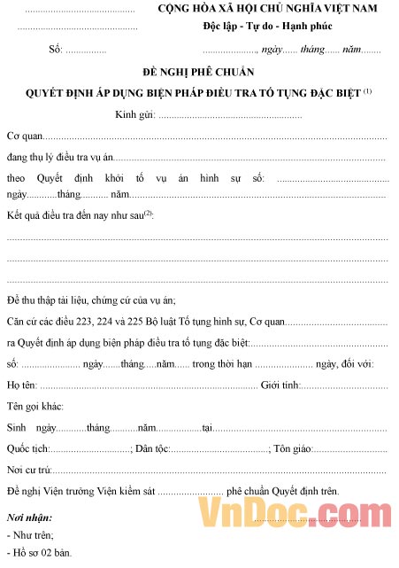 Mẫu đề nghị về việc phê chuẩn quyết định áp dụng biện pháp điều tra tố tụng đặc biệt
