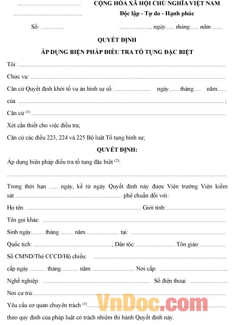 Mẫu quyết định áp dụng biện pháp điều tra tố tụng