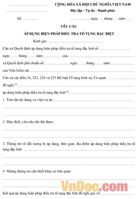Mẫu yêu cầu về việc áp dụng biện pháp điều tra tố tụng đặc biệt
