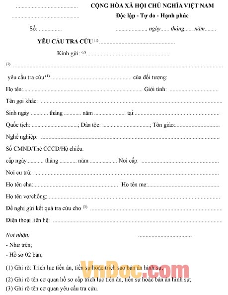 Mẫu yêu cầu về việc tra cứu
