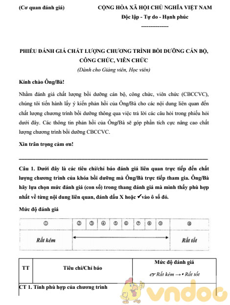 Phiếu đánh giá chất lượng chương trình bồi dưỡng cán bộ công chức, viên chức