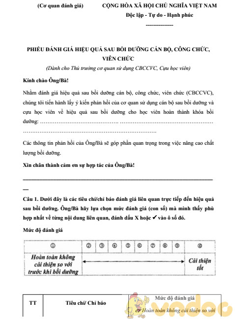 Phiếu đánh giá hiệu quả sau bồi dưỡng cán bộ công chức viên chức