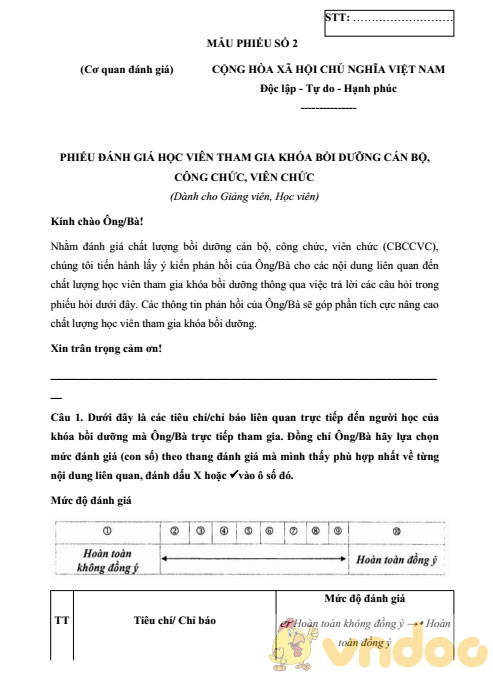 Phiếu đánh giá học viên tham gia bồi dưỡng cán bộ công chức viên chức