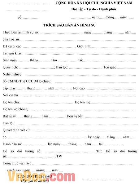 Mẫu trích sao bản án hình sự