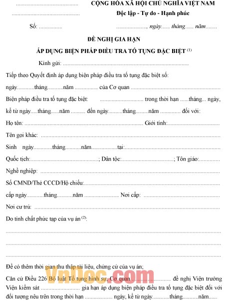 Mẫu đơn đề nghị gia hạn áp dụng biện pháp điều tra tố tụng đặc biệt