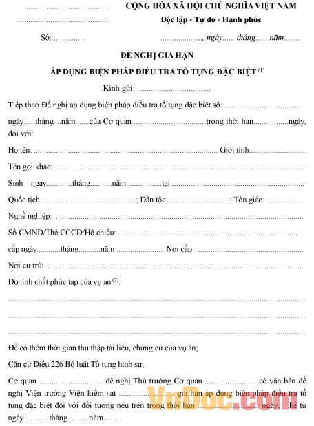 Mẫu đơn đề nghị gia hạn áp dụng biện pháp điều tra tố tụng đặc biệt