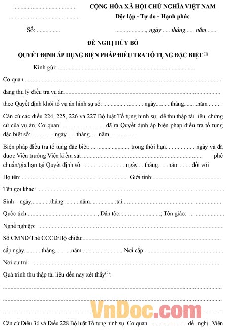 Mẫu đơn đề nghị hủy bỏ quyết định áp dụng biện pháp điều tra tố tụng đặc biệt