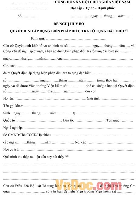 Mẫu đơn đề nghị hủy bỏ quyết định áp dụng biện pháp điều tra tố tụng