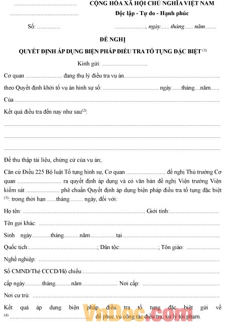 Mẫu đơn đề nghị quyết định áp dụng biện pháp điều tra tố tụng đặc biệt