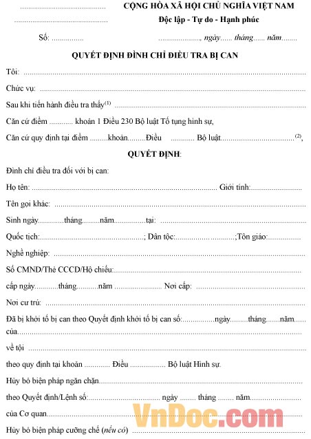 Mẫu quyết định về việc đình chỉ điều tra bị can