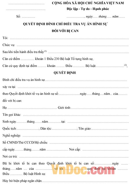 Mẫu quyết định về việc đình chỉ điều tra vụ án hình sự đối với bị can