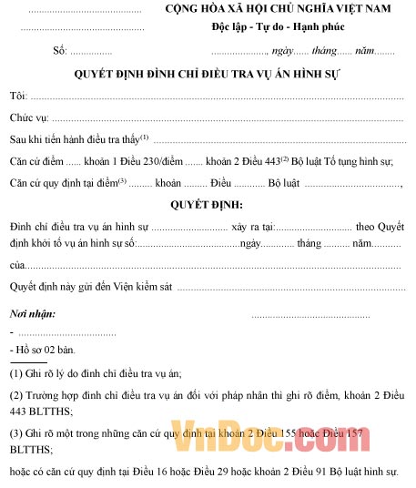 Mẫu quyết định về việc đình chỉ điều tra vụ án hình sự