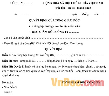 Mẫu quyết định về việc nâng bậc lương của doanh nghiệp