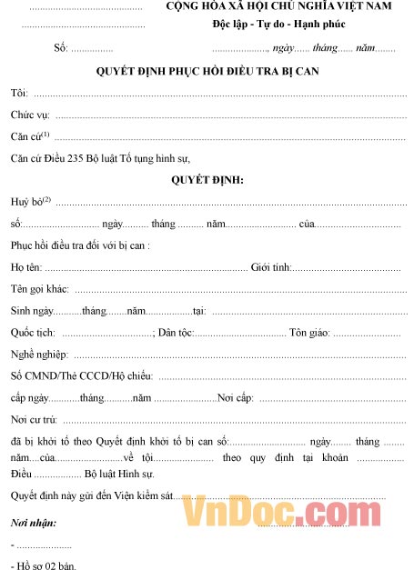 Mẫu quyết định về việc phục hồi điều tra bị can