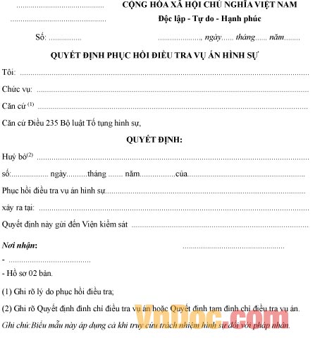 Mẫu quyết định về việc phục hồi điều tra vụ án hình sự