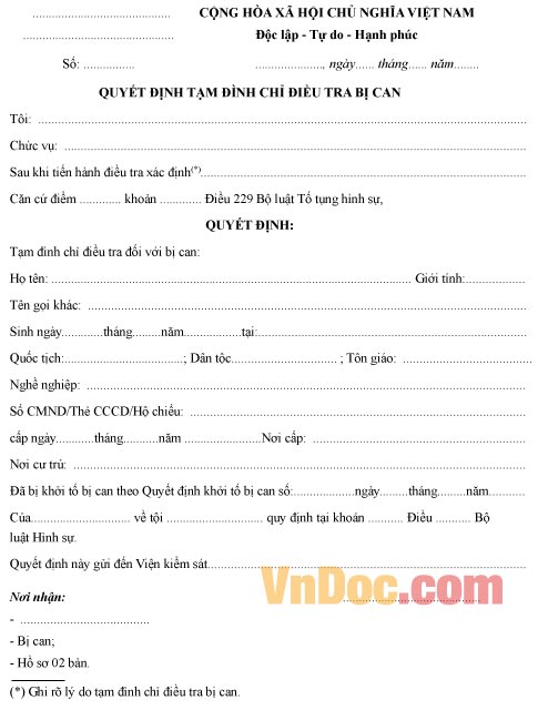 Mẫu quyết định về việc tạm đình chỉ điều tra bị can