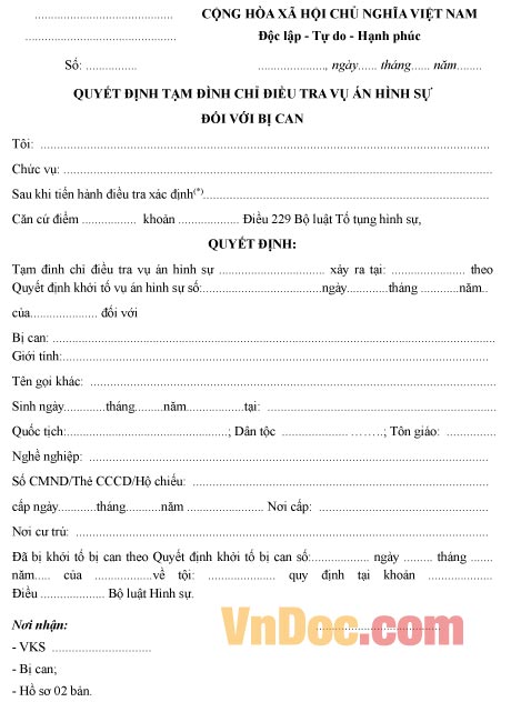 Mẫu quyết định về việc tạm đình chỉ điều tra vụ án hình sự đối với bị can