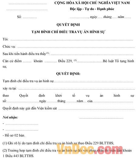 Mẫu quyết định về việc tạm đình chỉ điều tra vụ án hình sự