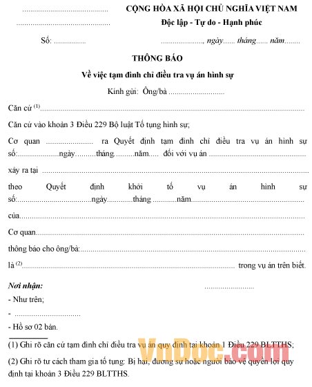 Mẫu thông báo về việc tạm đình chỉ điều tra vụ án hình sự