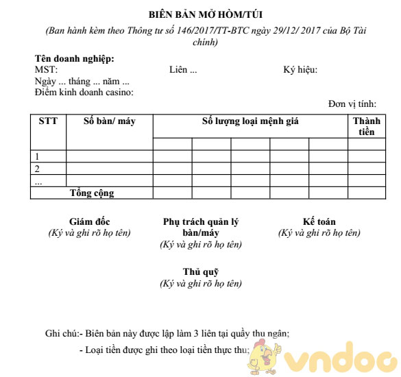 Biên bản mở hòm/túi kinh doanh Casino