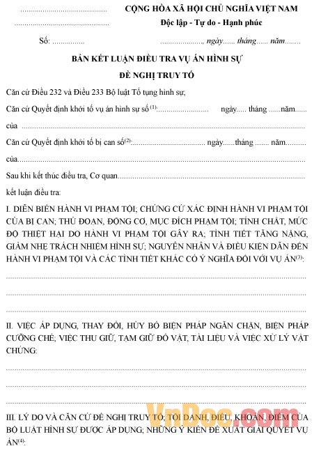 Mẫu bản kết luận điều tra vụ án hình sự 