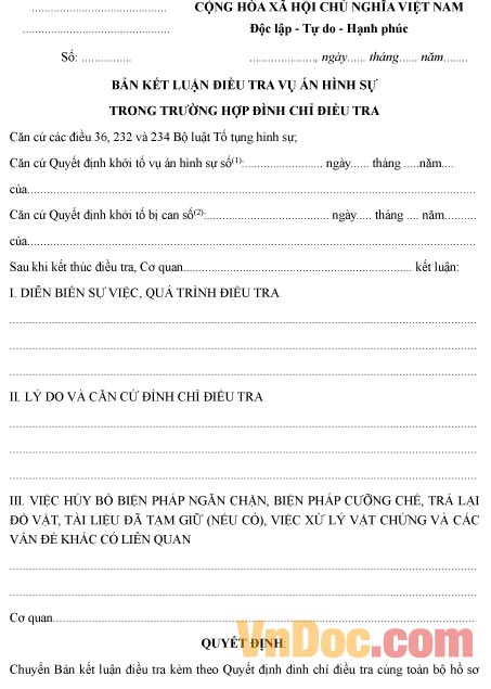 Mẫu bản kết luận điều tra vụ án hình sự trường hợp đình chỉ điều tra